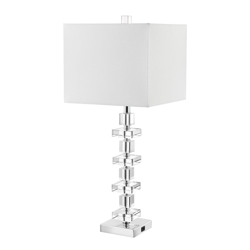 White Crystal and Chrome Art Deco Table Lamp Set with USB Port