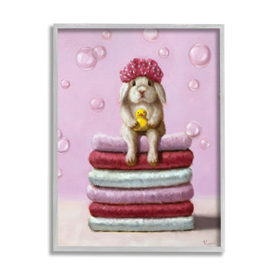 " Cute Baby Rabbit On Bath Towels Soap Bubbles " by Lucia Heffernan