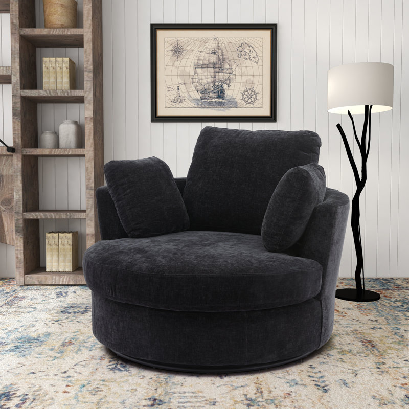 Achorn 42" W Recessed Arm Slipcovered Swivel Barrel Chair, Black 100% Polyester