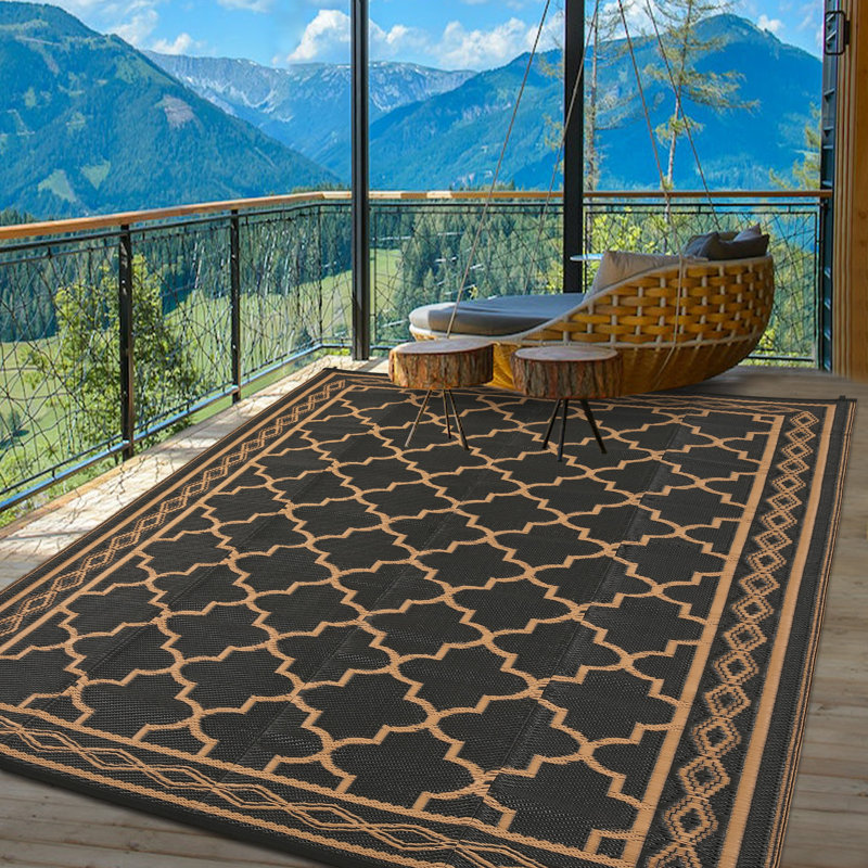 Outdoor Rug 8x10 Waterproof Reversible Rug for Patio Plastic Straw Rug Large Floor Mat and Rug for Outdoors, RV, Patio, Backyard, Deck, Picnic, Beach, Trailer, Camping, Brown/Beige