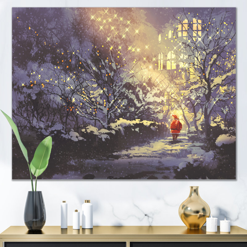 Père Noël en hiver enneigé - œuvre d'art moderne sur toile, H 8 po x l 12 po x P 1 po, Toile tendue