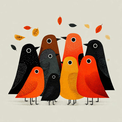 Troupeau d'automne - Illustration d'oiseau fantaisiste