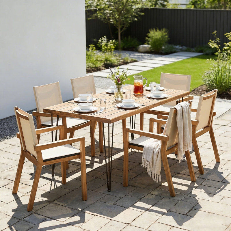 Ensemble de salle à manger d'extérieur en bois 7 pièces avec 6 chaises et 1 grande table, Beige