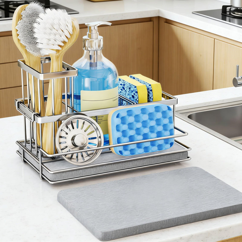 Serviteur d'évier en acier inoxydable avec tapis de pierre de séchage, porte-brosse et 3 compartiments, Argent argent