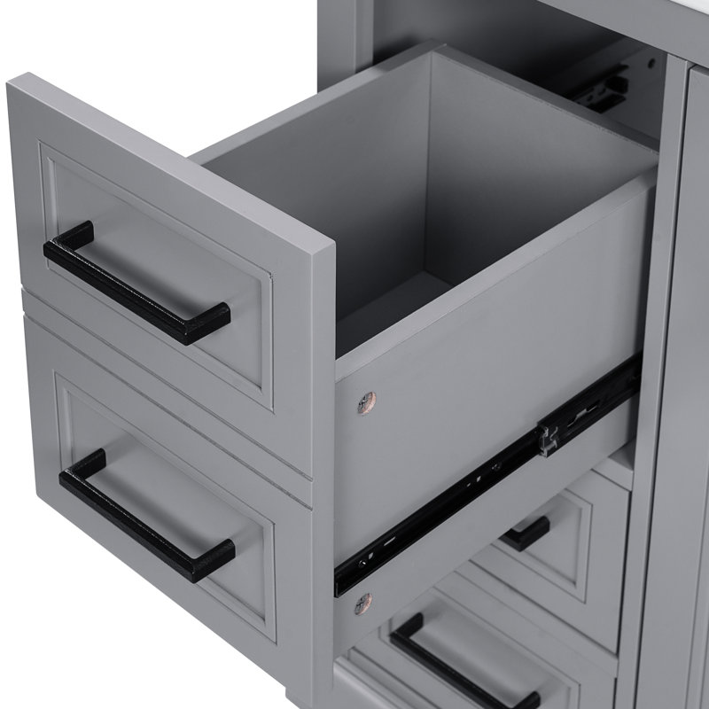 Meuble-lavabo moderne de 36 pouces avec finition grise, lavabo en céramique, 3 tiroirs, portes à fermeture en douceur, tablette réglable, matériaux, fonctionnement silencieux en gris, fonction, cadre solide, poignées de luxe,