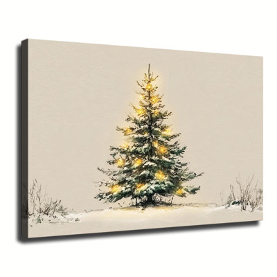 Arbre de Noël minimaliste enneigé avec lumières de fées chaudes, impression sur toile tendue avec grande galerie pour salon chambre à coucher