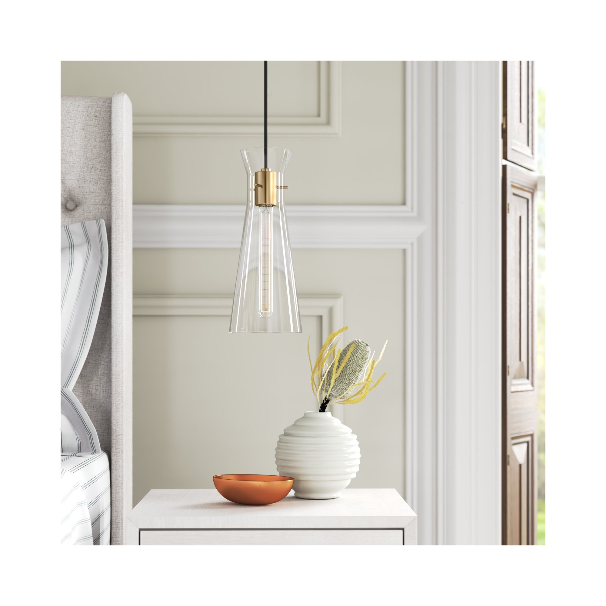 Gena Single Light Glass Pendant, Aged Brass