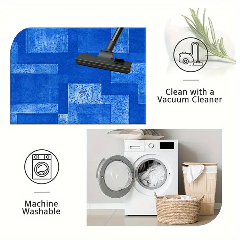 1PC geometric royal blue textured rectangular block pattern area rugs for Living Room, Soft and Comfortable, Suitable for all seasons, easy-to-maintain, machine washable Indoor floor mat, Under Table Farmhouse suitable for dining table, bedroom,