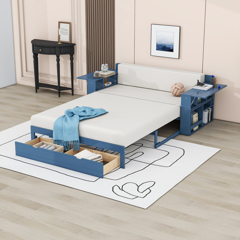 Wooden Convertible Daybed with Built-in Desk and Drawer, Blue, Full/Double