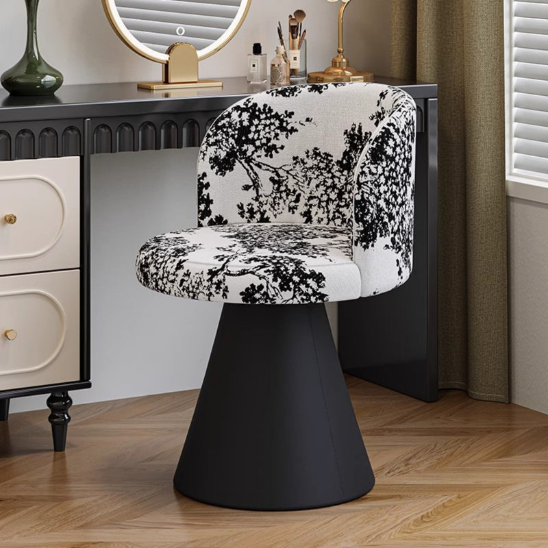 Tabouret de coiffeuse pivotant à 360 ° | Fauteuil de maquillage noir et blanc à motif floral | Siège de chambre à coucher ou de salon avec dossier Modern Luxury