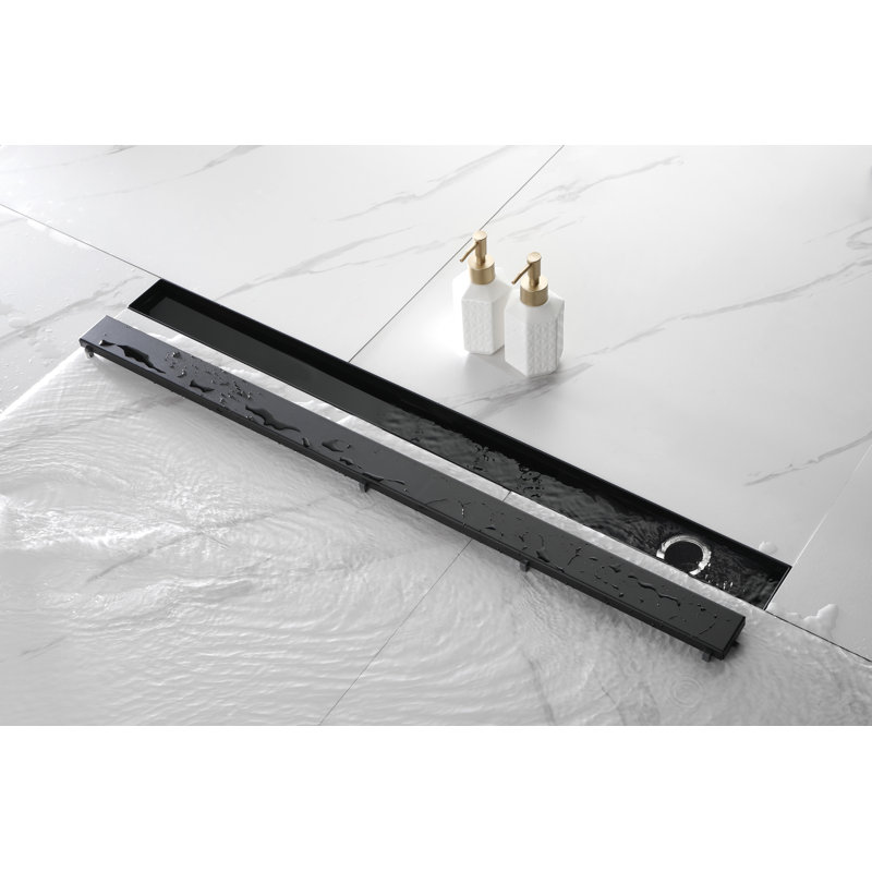 Caniveau de douche linéaire, 91 cm (36 po), acier inoxydable 304, noir mat, design décalé, couvercle réversible, avec pattes de nivellement