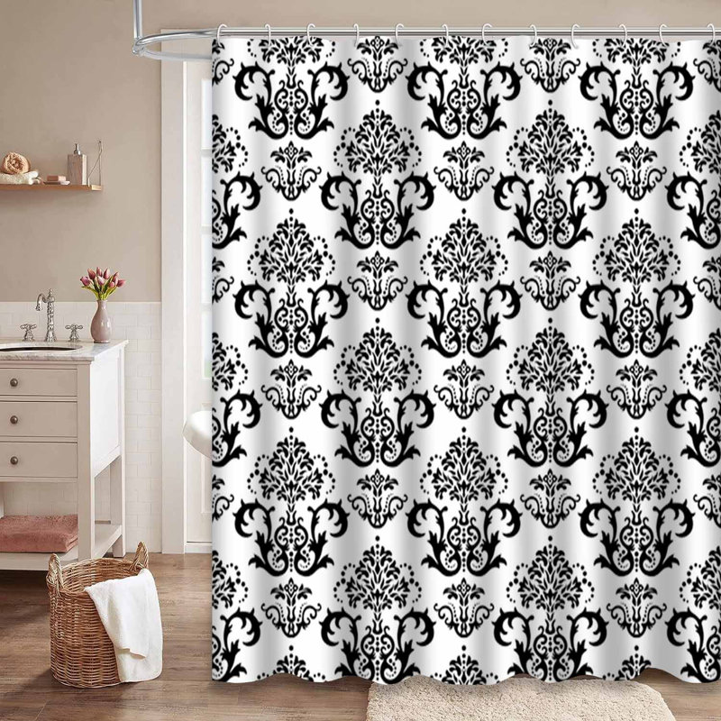 Rideau de douche victorien damas noir élégant avec 12 crochets, L 72 po x l 78 po