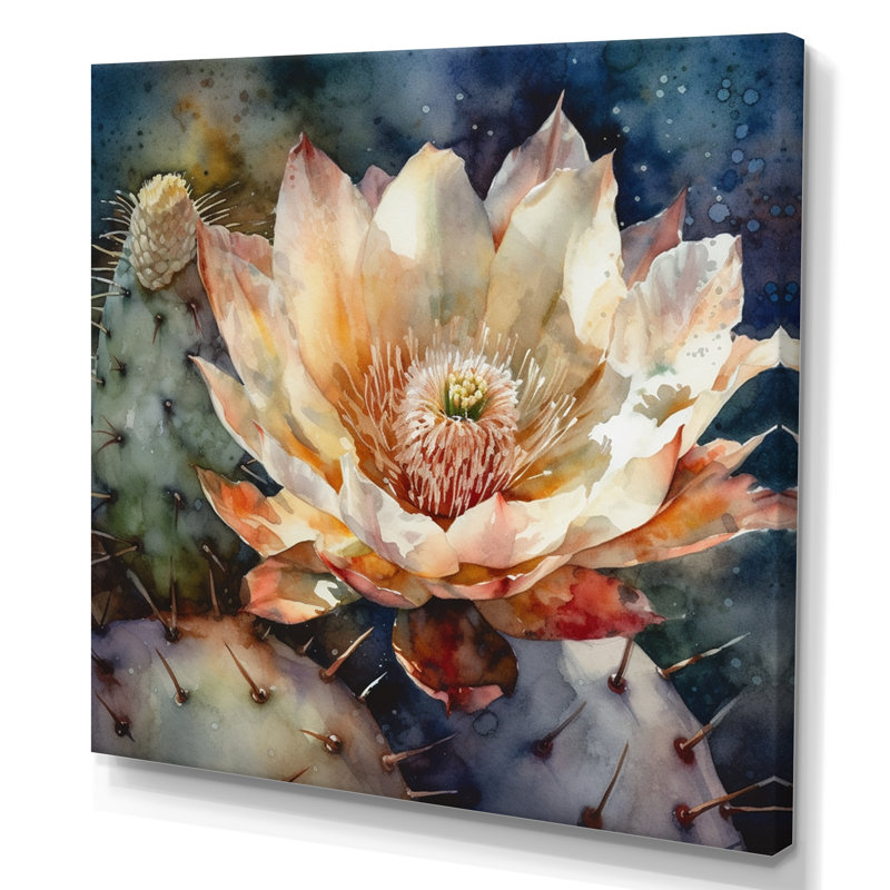 Rozann, fleur de cactus blanc bleu sur toile, H 36 po x l 36 po x P 1,5 po, Toile tendue