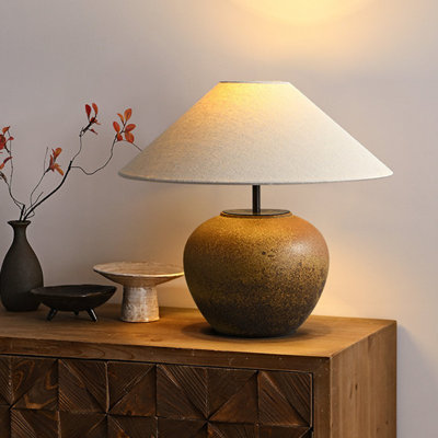 Small Ceramic Modern Table Lamp with Cotton Blend Shade for Bedroom Living Room, Bulb Included