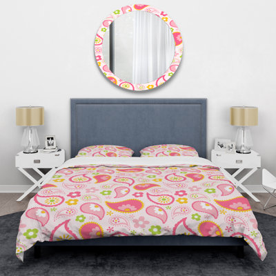 Pink and Green Floral Paisley - Abstract Duvet Cover Set - Microfiber Polyester
