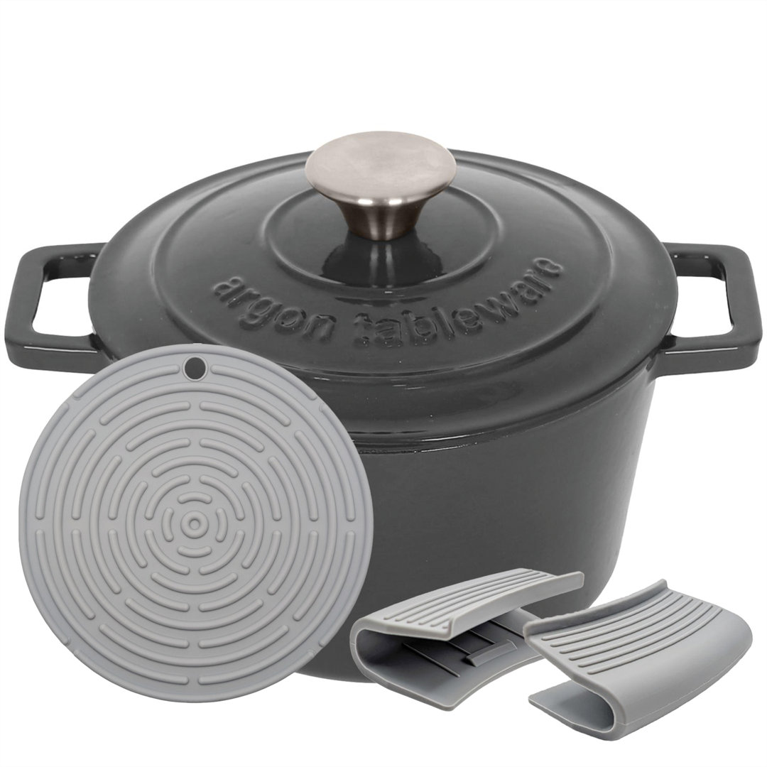 Argon Tableware Unisex Grey Round Cast Iron Casserole Dish With Cookware Self Basting Lid - 2.8L In - Image 3