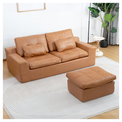 Canapé d'angle en similicuir orange en forme de L avec pouf amovible, canapé modulaire 2 places rembourré pour salon et appartement