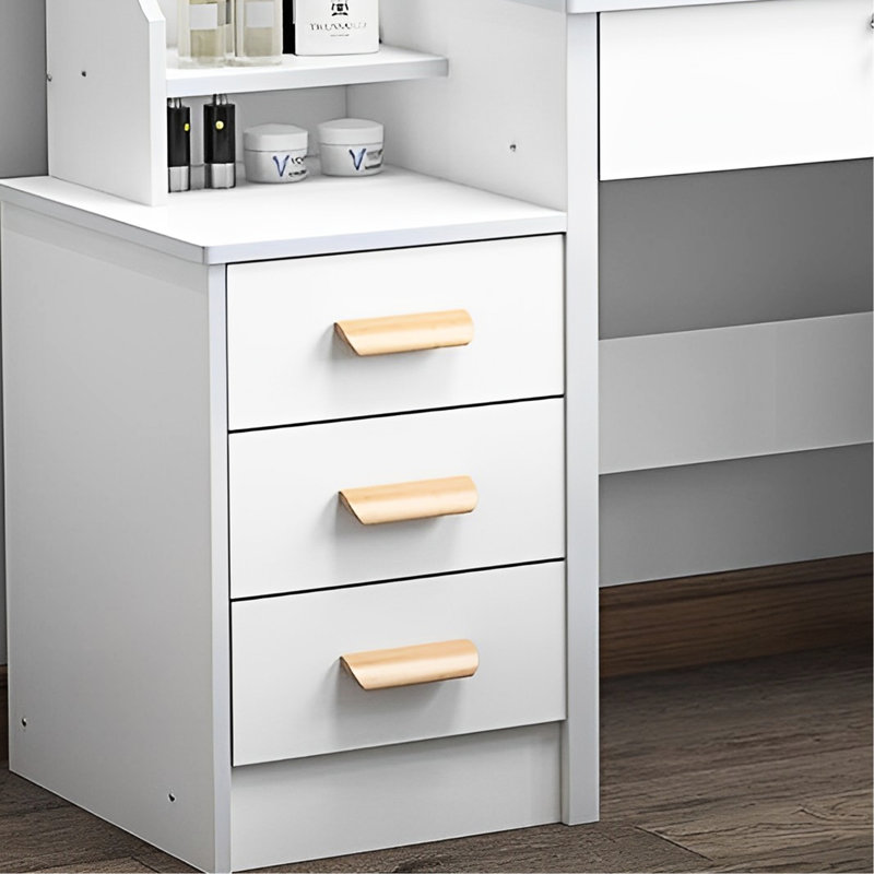 Bureau de coiffeuse à la mode avec miroir et lumières - 3 tons de couleur, rangement généreux blanc moderne,
