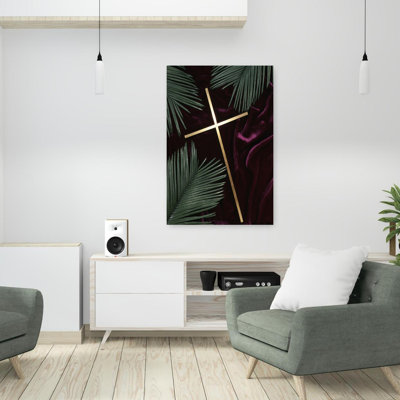 Gold Cross Green Palm Fronds Purple Velvet Background Classic Retro Vintage Palm Wall Art