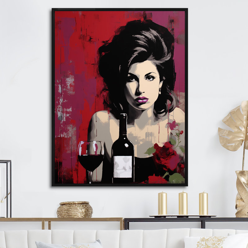 Popart Portrait Winehouse In Wine I, reproduction d'art sur toile, H 32 po x l 24 po, Cadre flottant noir