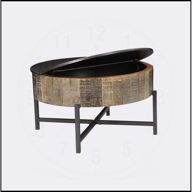 Table basse rustique vintage avec rangement caché et base en fer robuste, parfaite pour les salons modernes et contemporains.