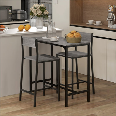 Space-Saving 3-Piece Bar Table Set for 2, Cool Gray MDF with Metal Frame, Compact Counter-Height Dining for Small Kitchens