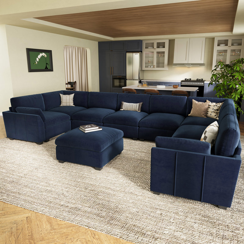 Knaack Oversized U Shaped 169.3'' Wide Sectional Sofa Velvet & Plush Livingroom Couch, Blue Velvet