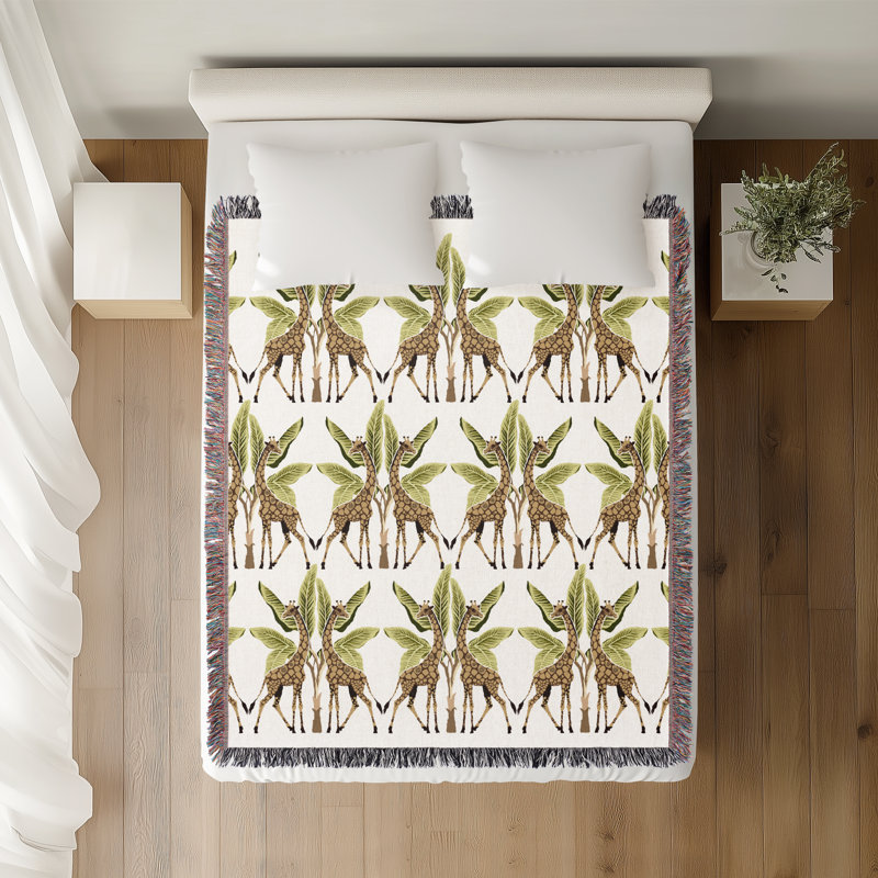 Jeté en mélange de coton Kossy Giraffe, L 70 po x l 50 po, Brun / vert / blanc cassé