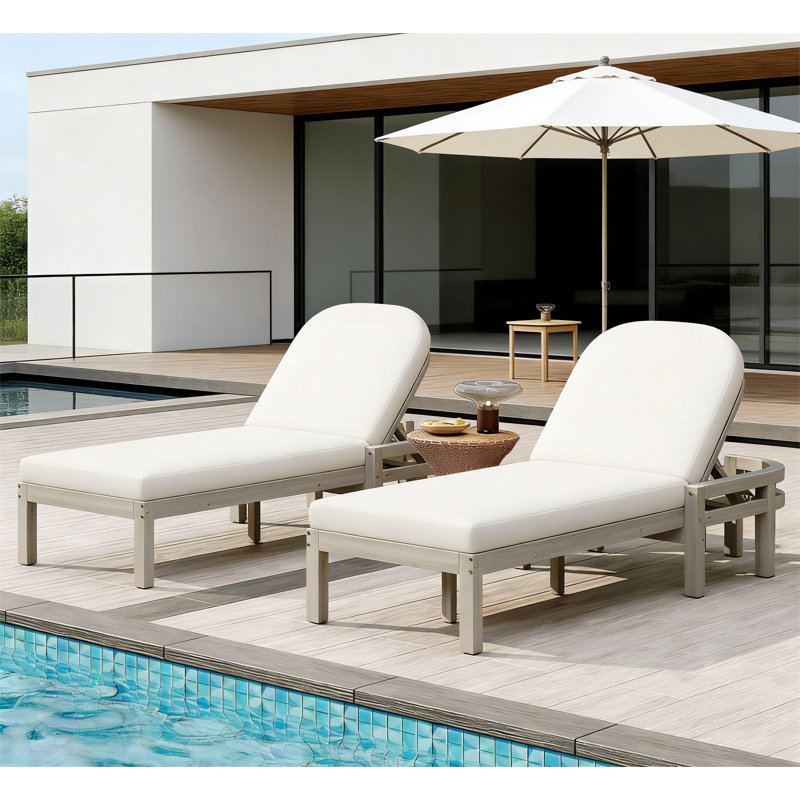 Premium Acacia Wood Outdoor Chaise Lounge Set of 2 with Arched Backrest, Gray, 2