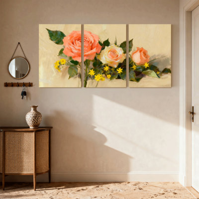 Bouquet de roses roses avec fleurs jaunes, ensemble de 3 impressions sur toile