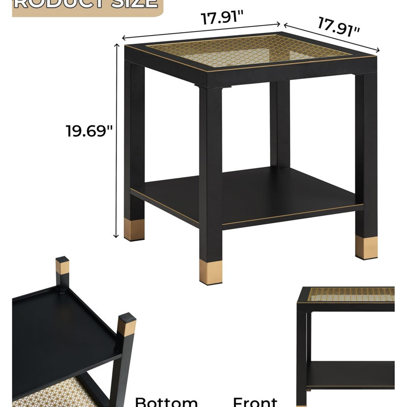 Table d'appoint carrée en verre trempé avec conception à 2 niveaux, structure en métal noir et structure de bout en filet doré, idéale pour diverses pièces