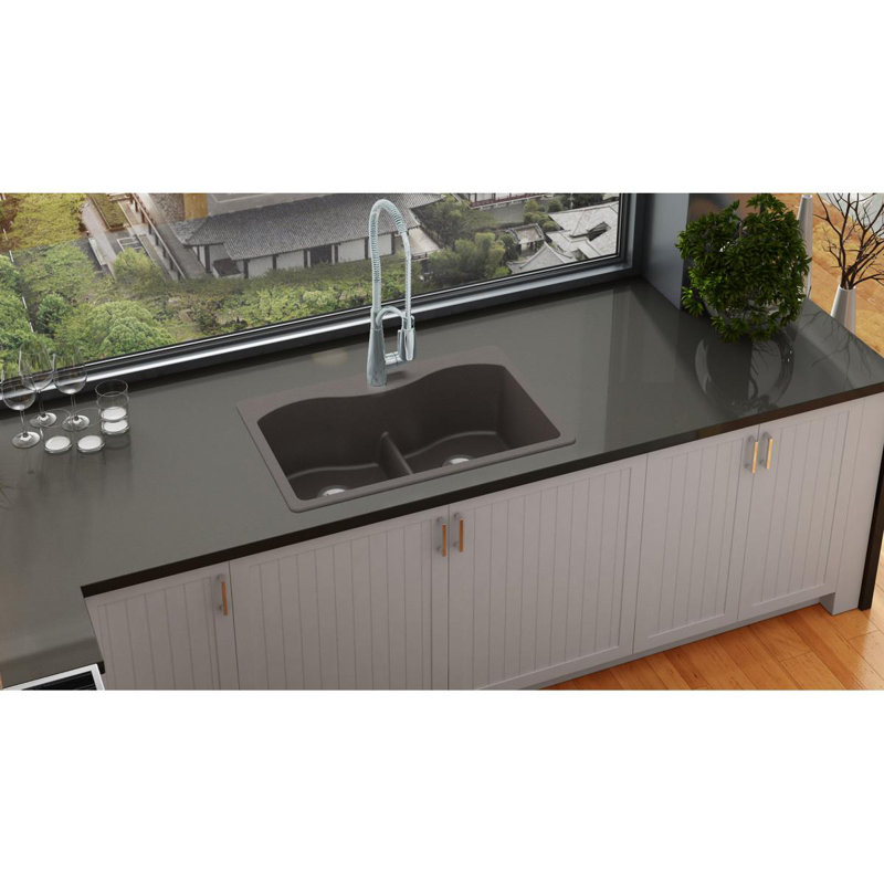 Évier de cuisine à double cuve avec division aqua l 33 po x l 22 po Quartz Luxe, Châtaignier