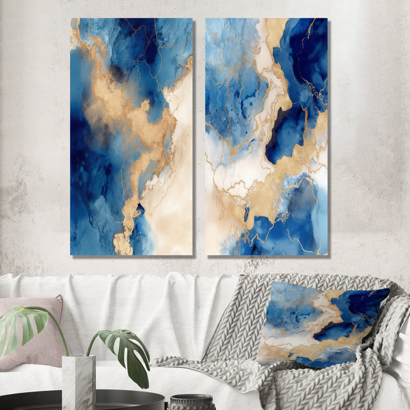 «Blue and Gold Marble Clouds VI», 2 pièces sur toile, Toile tendue, H 32 po x l 32 po