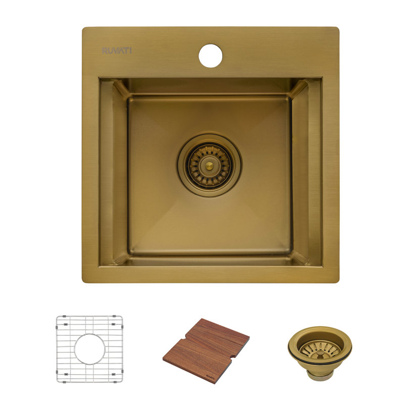 Roma Workstation 15" L x 15" W Drop-in Bar Sink, Matte Gold Satin Brass, 15" L x 15" W