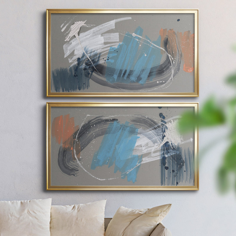 «Whimsical Marks I», ensemble de 2 peintures sur toile encadrées, H 45 po x l 42,5 po x P 1 po, Cadre doré