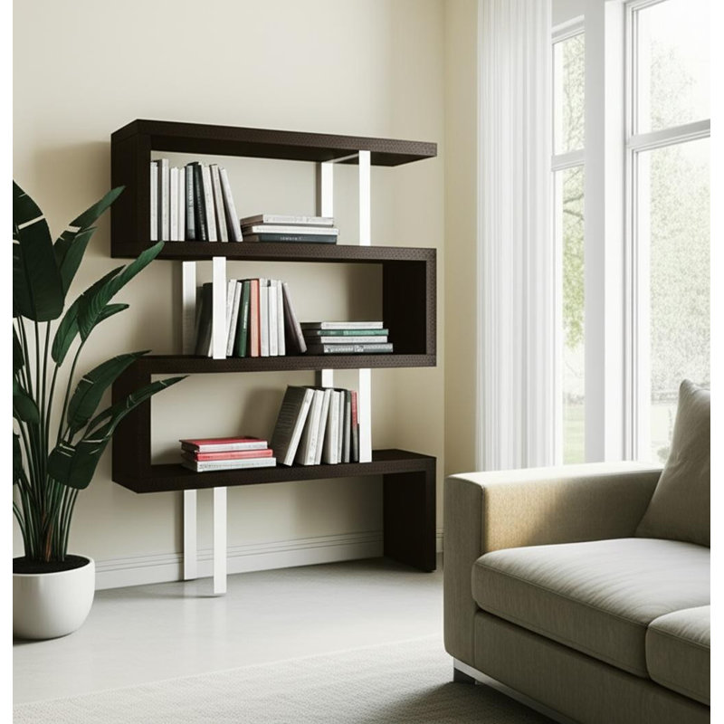 Bibliothèque étagère 67 "à trois niveaux en métal et bois noir et argent