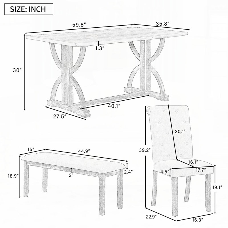 6-Piece Retro Rectangular Dining Table Set, Gray Wash