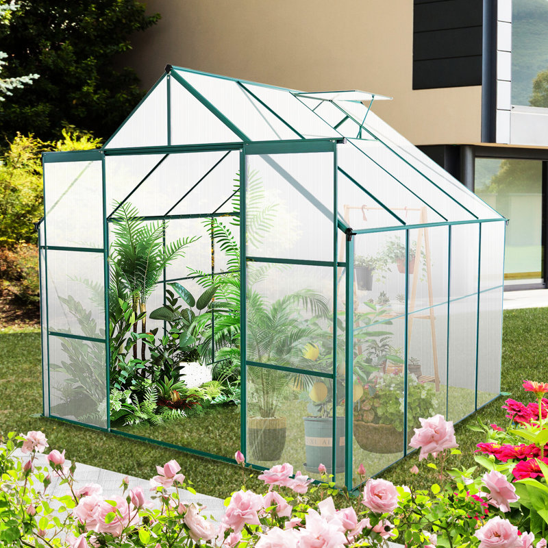 Serre extérieure en polycarbonate de 2,4 x 2,4 m (8 x 8 pi), avec base galvanisée et système de ventilation. Serre robuste qui peut être utilisée en toutes saisons, idéale pour les plantes d'extérieur.
