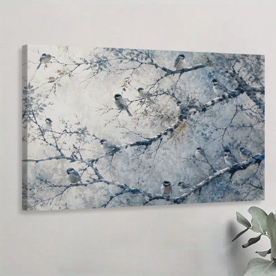 Winter Chickadees on Snowy Branches Watercolor Canvas Wall Art, 24" x 36" Gallery Wrapped Canvas Print, Blue & White Animal Wall Decor for Living Room, Bedroom & Entryway