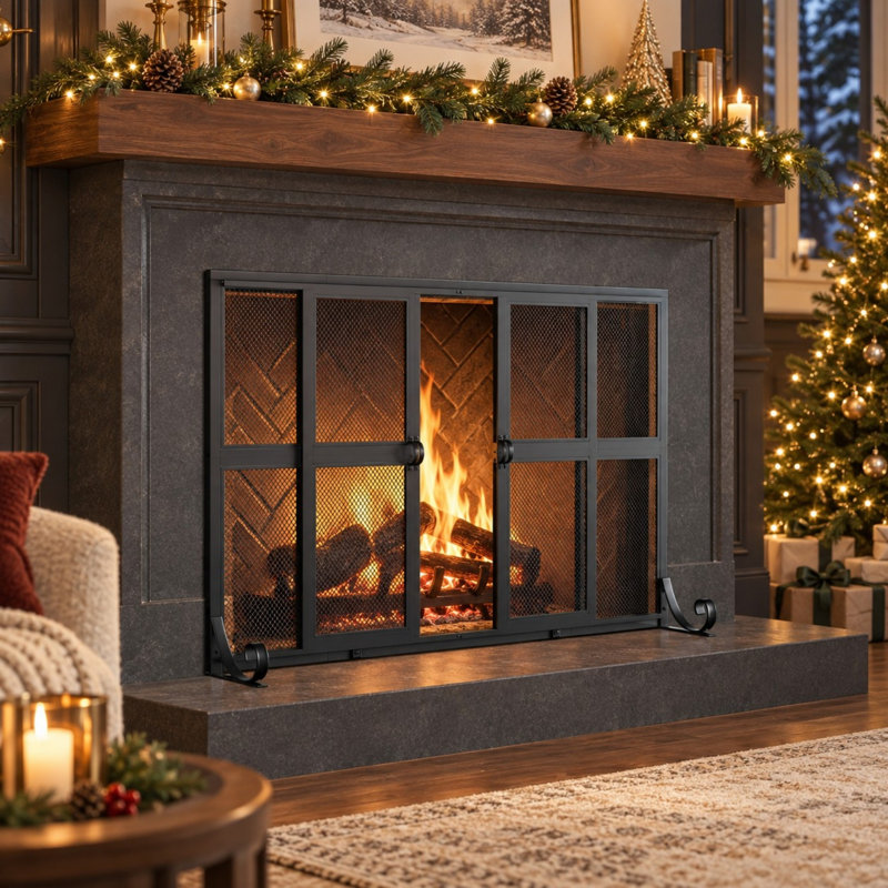 Pare-feu en fer forgé avec double porte coulissante et grille décorative