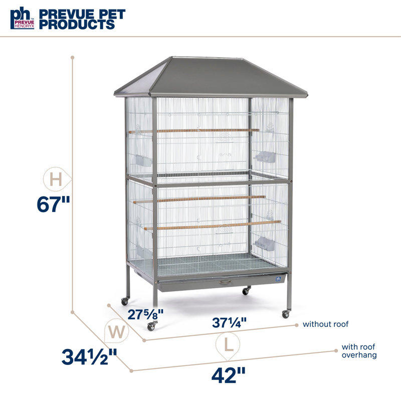 Steel Pointed Top Flight Cage with Wheels, Stand, Perch, Tray, Gray, 67" H x 34.5" W x 42" D
