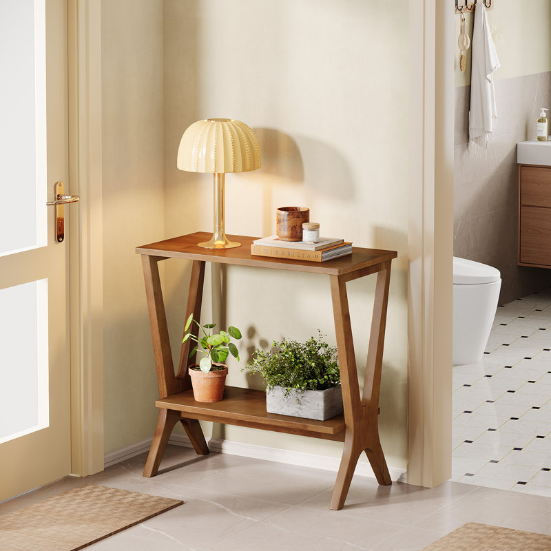 Table de bout l 23,6 po avec tablettes de rangement à 2 niveaux, table d'appoint en bois massif pour le salon