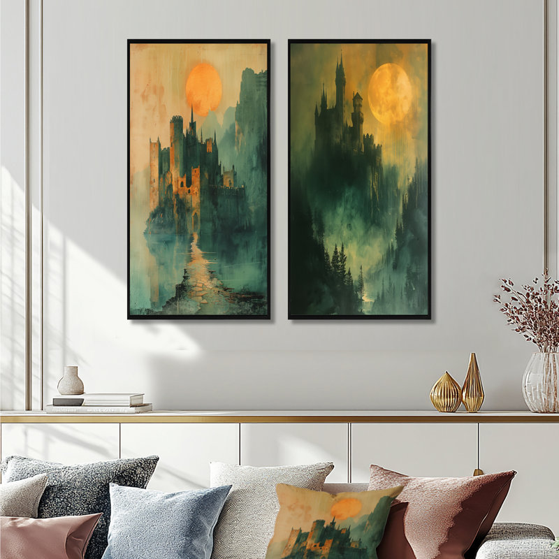 Tanesha - ensemble de 2 pièces d'art mural châteaux, H 40 po x l 40 po, Impression encadrée, Noir, noir, noir, noir
