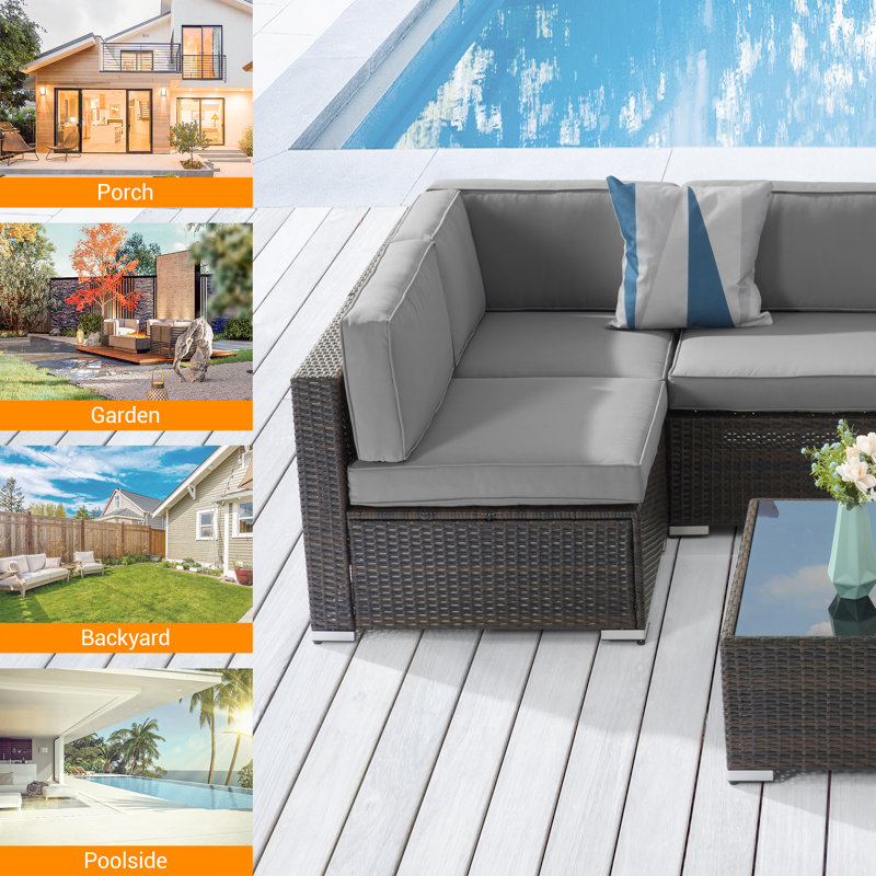 Ensemble de conversation en osier / rotin pour 6 personnes avec coussins Kavin, gris, Brun