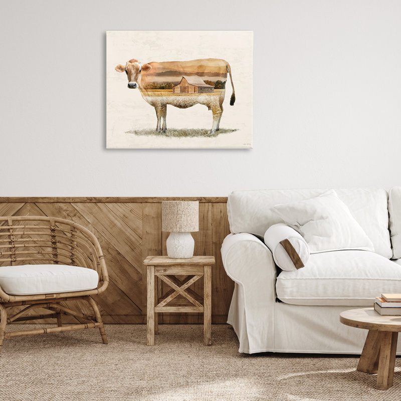 «Cow with Country Barn Landscape», art mural par Amber Sterling, H 30 po x l 40 po