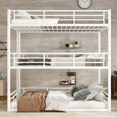 Full Over Full Over Full Bunk Bed, Metal Triple Bunk Bed With Safety Guardrails, Heavy-Duty Bunk Bed With Noise-Reduced Design