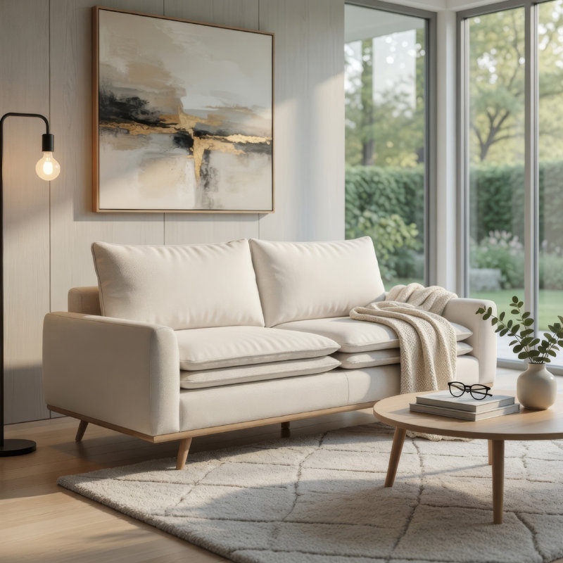 Canapé Yaana avec coussins en mélange de plumes, bois, 83 po, Blanc, Marron foncé