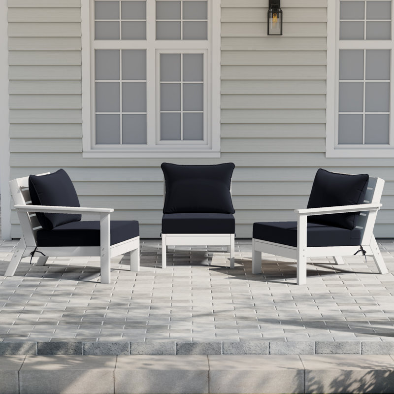 3-Piece Deep Seating Set With Cushions, White, Navy Blue