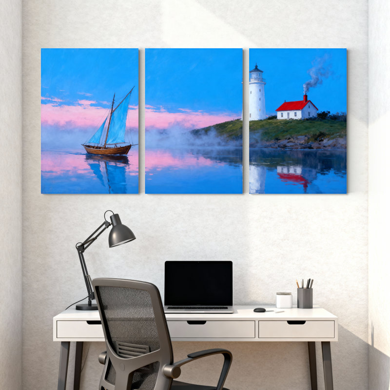 Nautique, voilier, phare, coucher de soleil, réflexion, ciel aquatique, ensemble de 3 toiles, H 24 po x l 48 po