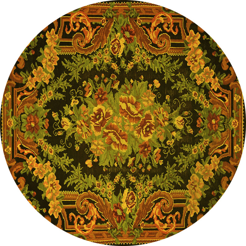 Tapis floral jaune / vert / brun en polyester tissé à la machine Floral, Rond 4 pi